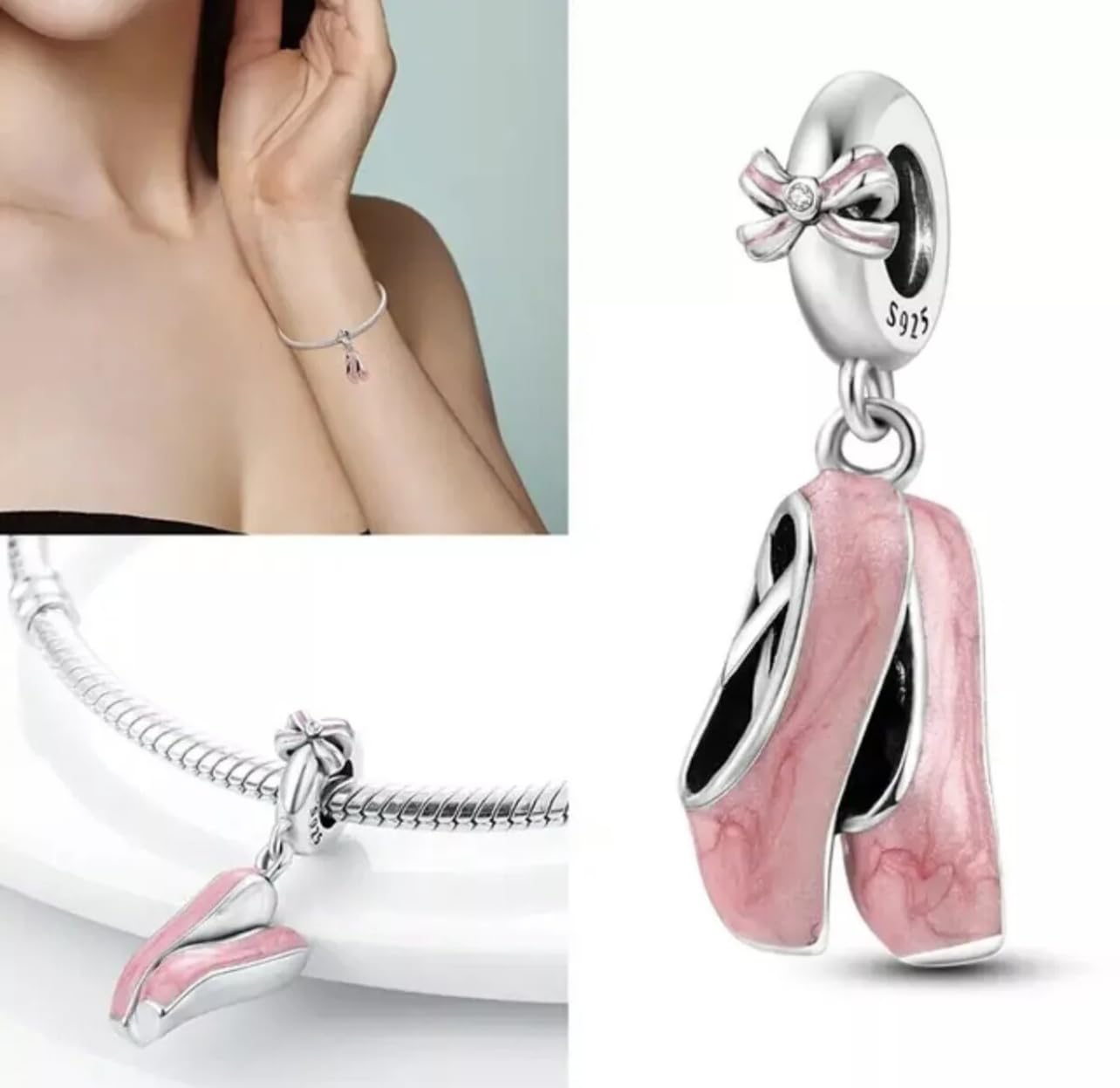 Ciondolo a forma di scarpette da ballo, in vero argento Sterling 925, compatibile con braccialetti Pandora