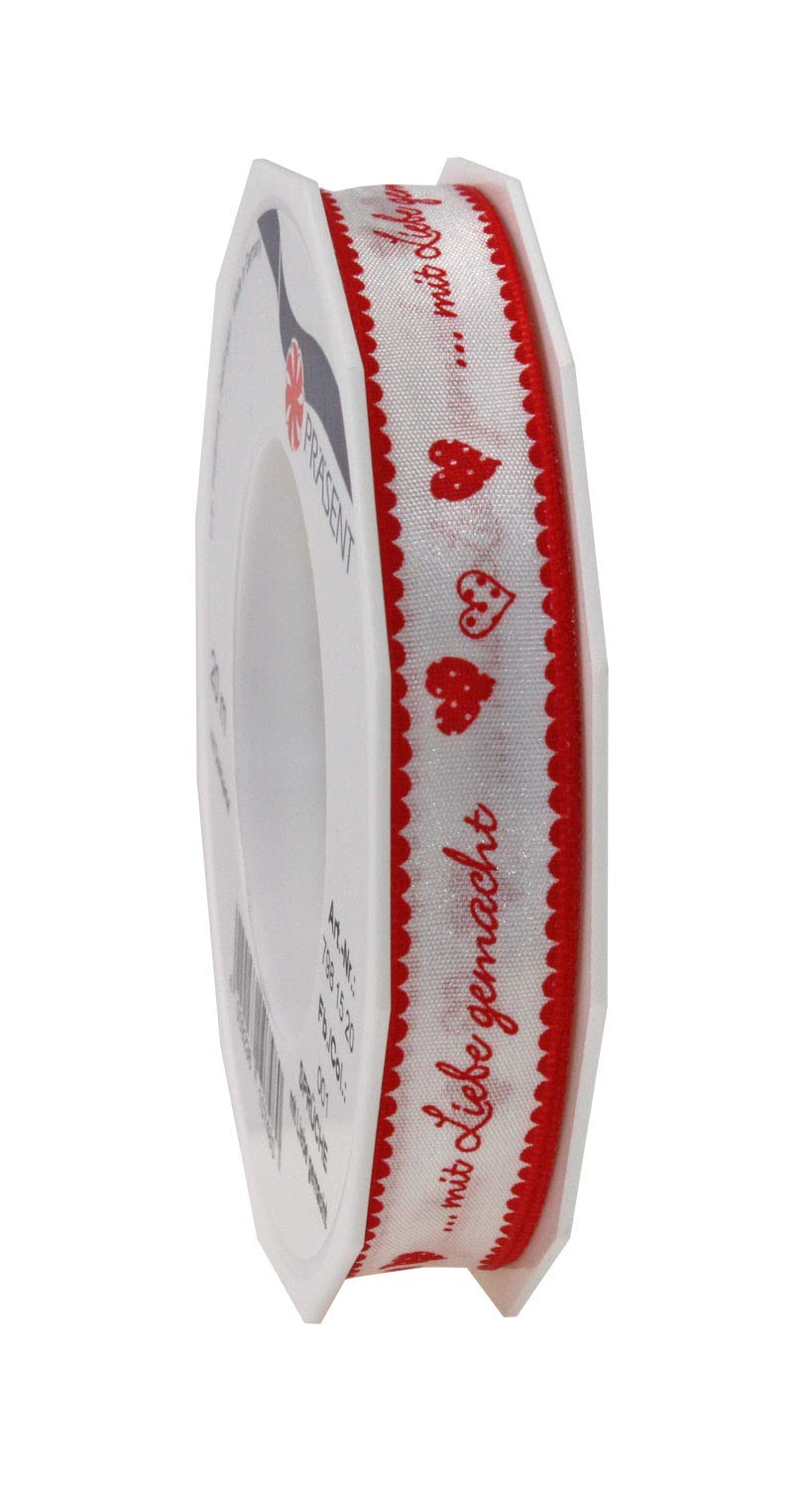 Präsent - mit Liebe gemacht Printed Ribbon White-Red 15 mm Width, 20 m Length