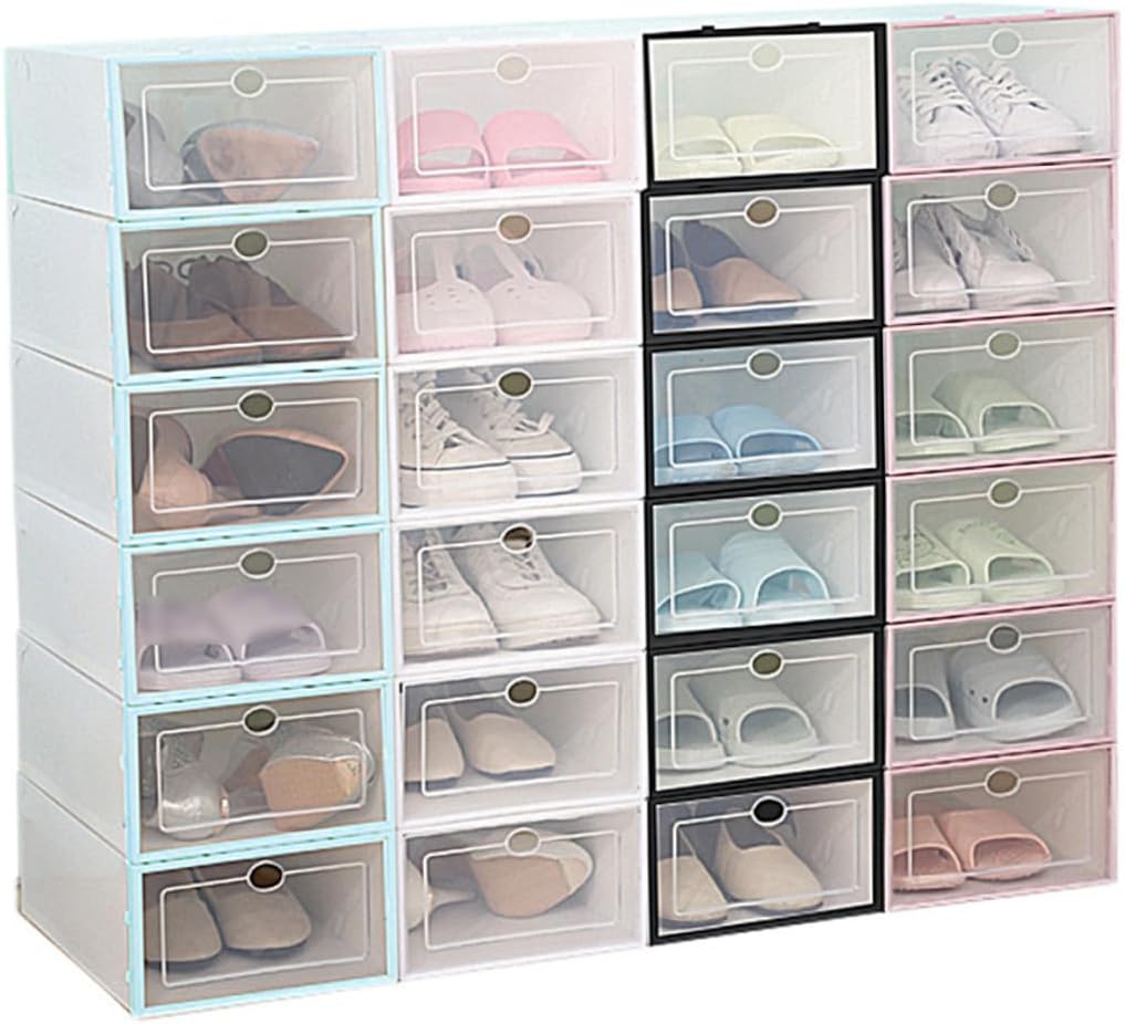 6PCS Thickened Stackable Shoe Storage Boxes Transparent Plastic Shoebox Organizer for Men White Frame Space-saving Closet for Small Rooms and Dorms