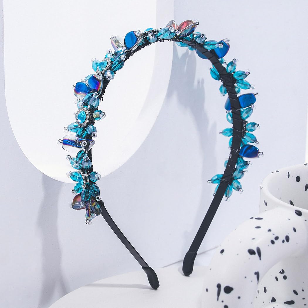 Formery Blue Rhinestone Headband Bling Crystal Hairband Party Prom Beaded Flower Headpiece Hair Accessories for Women - Image 6