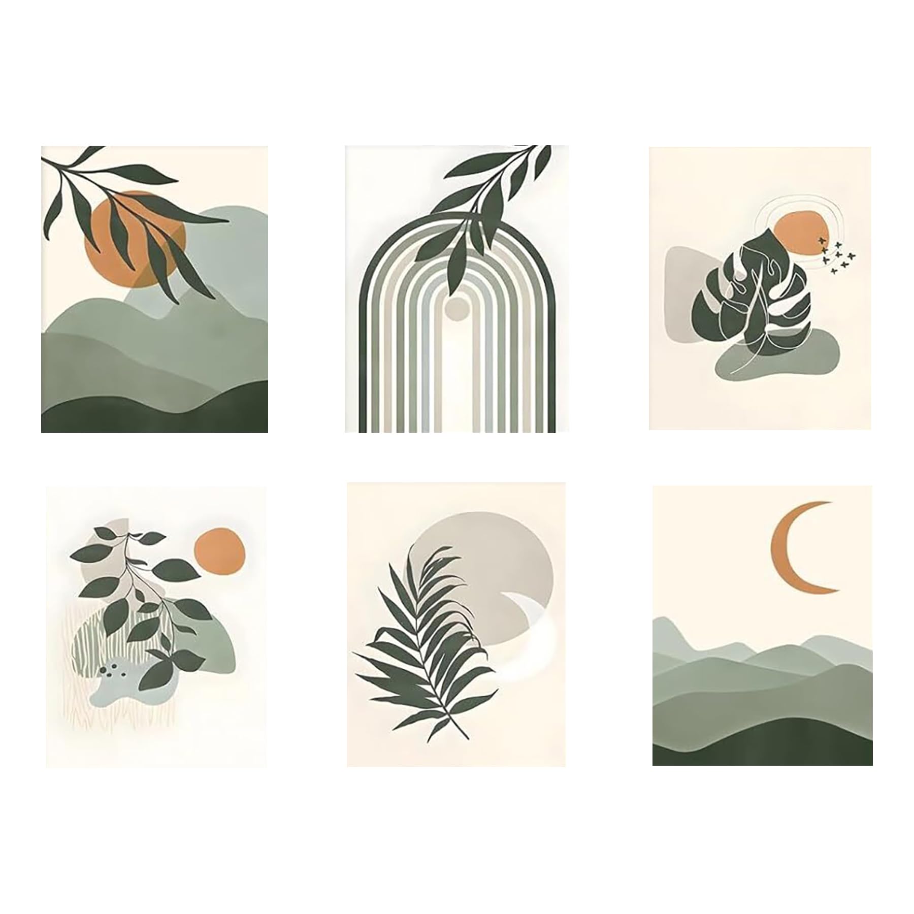 MAIGO 6pcs Botanical Prints - A4 Boho Wall Art Abstract Prints for Living Room Walls, green