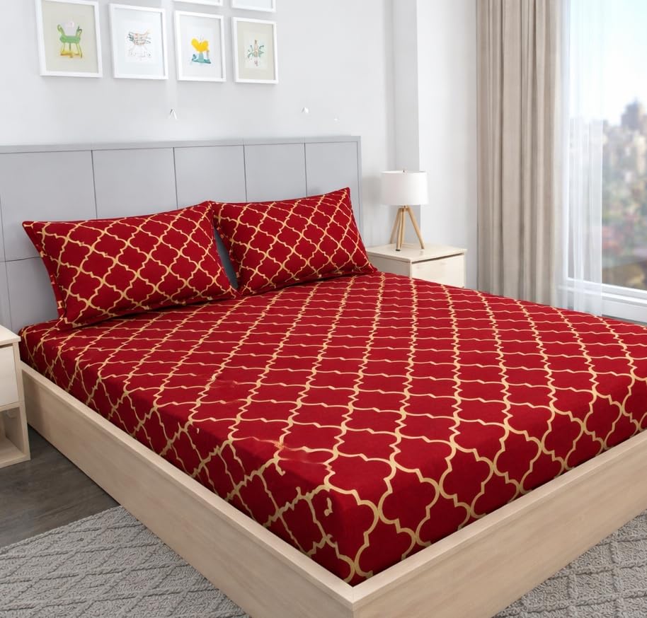Image of BEVI Home Super Fabric 300 TC Microfiber Single Bedsheet Without Pillow Cover - Printed Bedsheet 60x90 Inches Maroon White Line