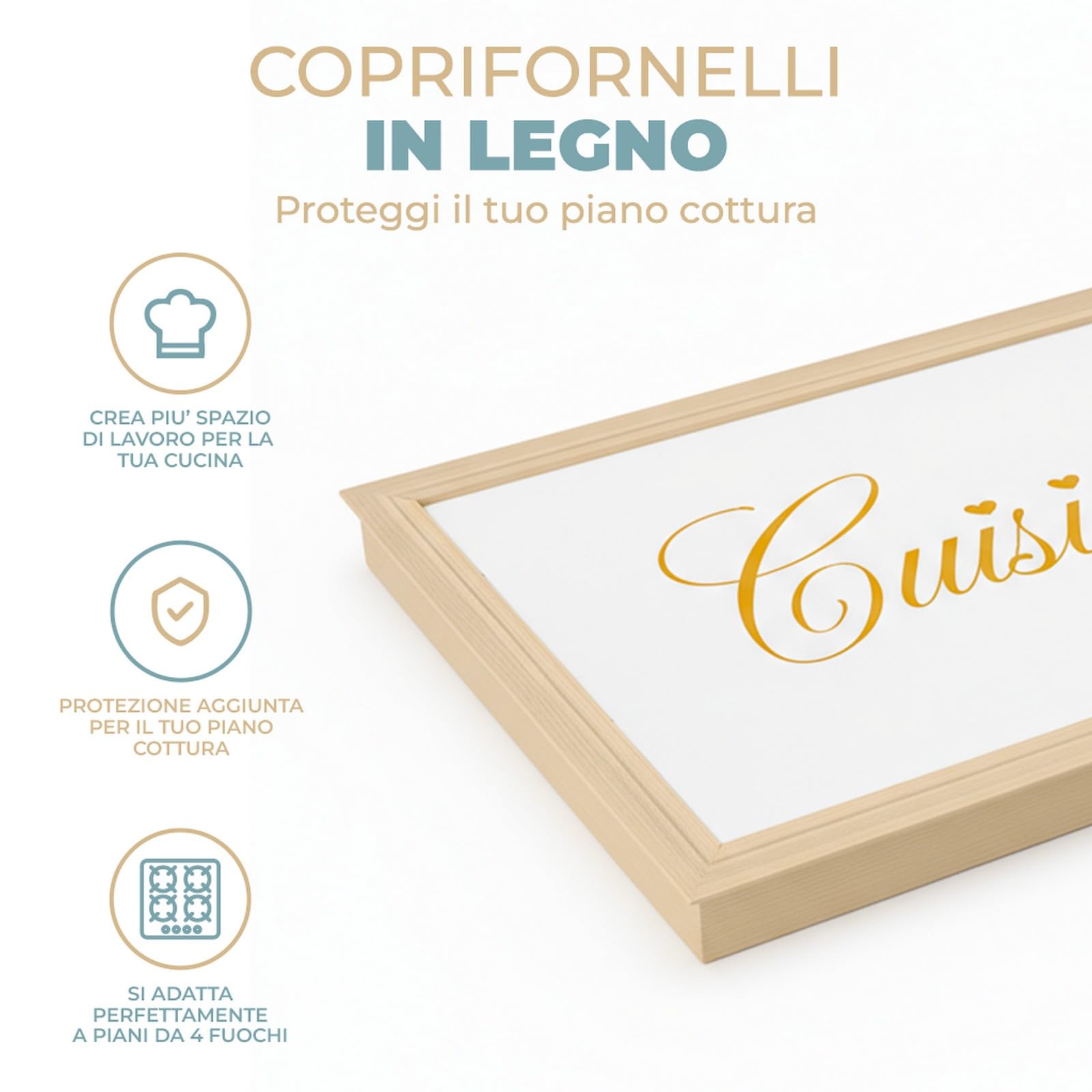 PARAMAISON Copripiano Cucina per Induzione e Gas 55x65 cm | Legno Effetto Marmo Tortora | Coperchio Protettivo Piano Cottura 4 Fuochi in Pezzo Unico