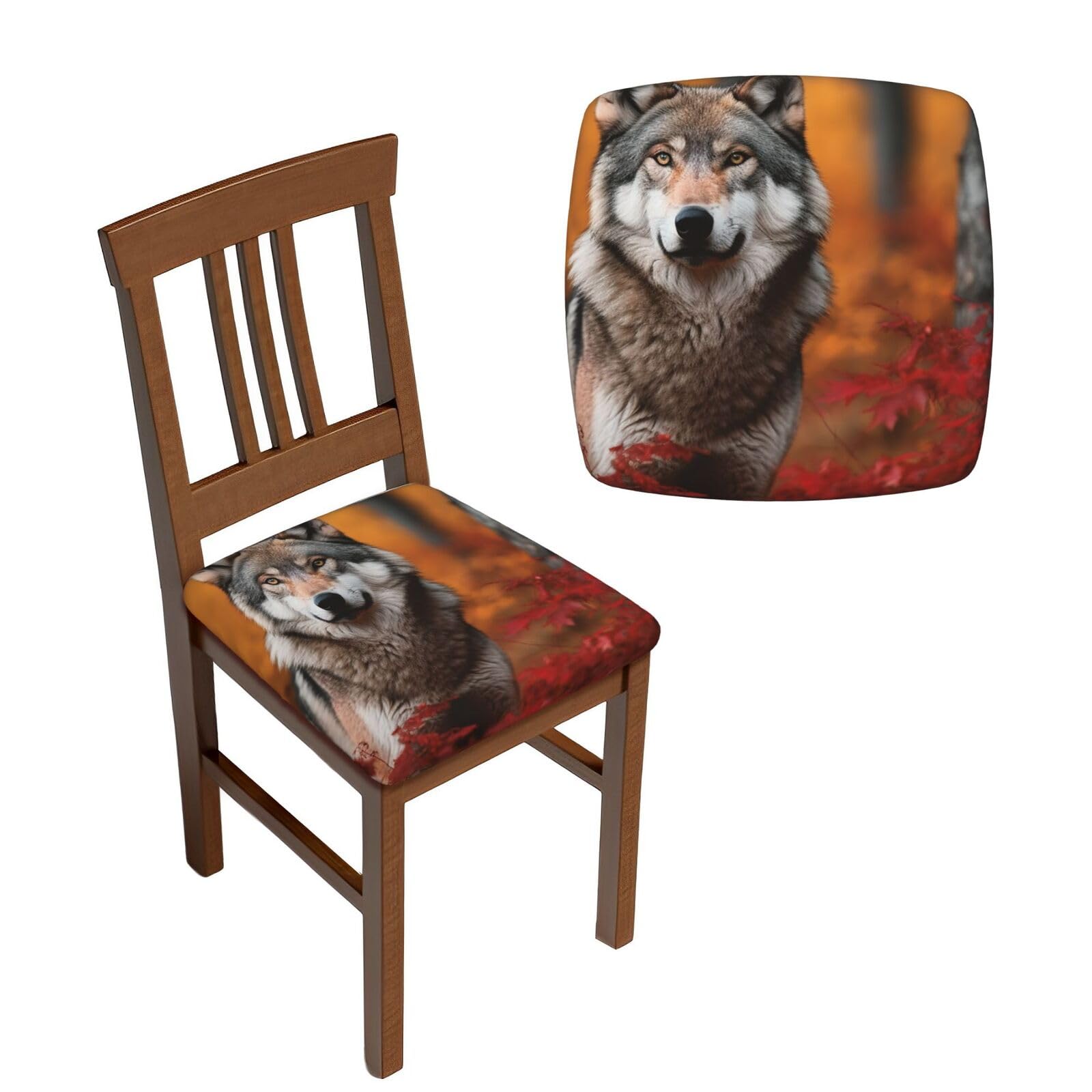 FodPand 6PCS Dining Chair Covers for Dining Room Autumn Animals Wolf Chair Seat Cover Stretch Parsons Chair Slipcover Removable Washable Seat Cushion Slipcovers Cover for Kitchen Office
