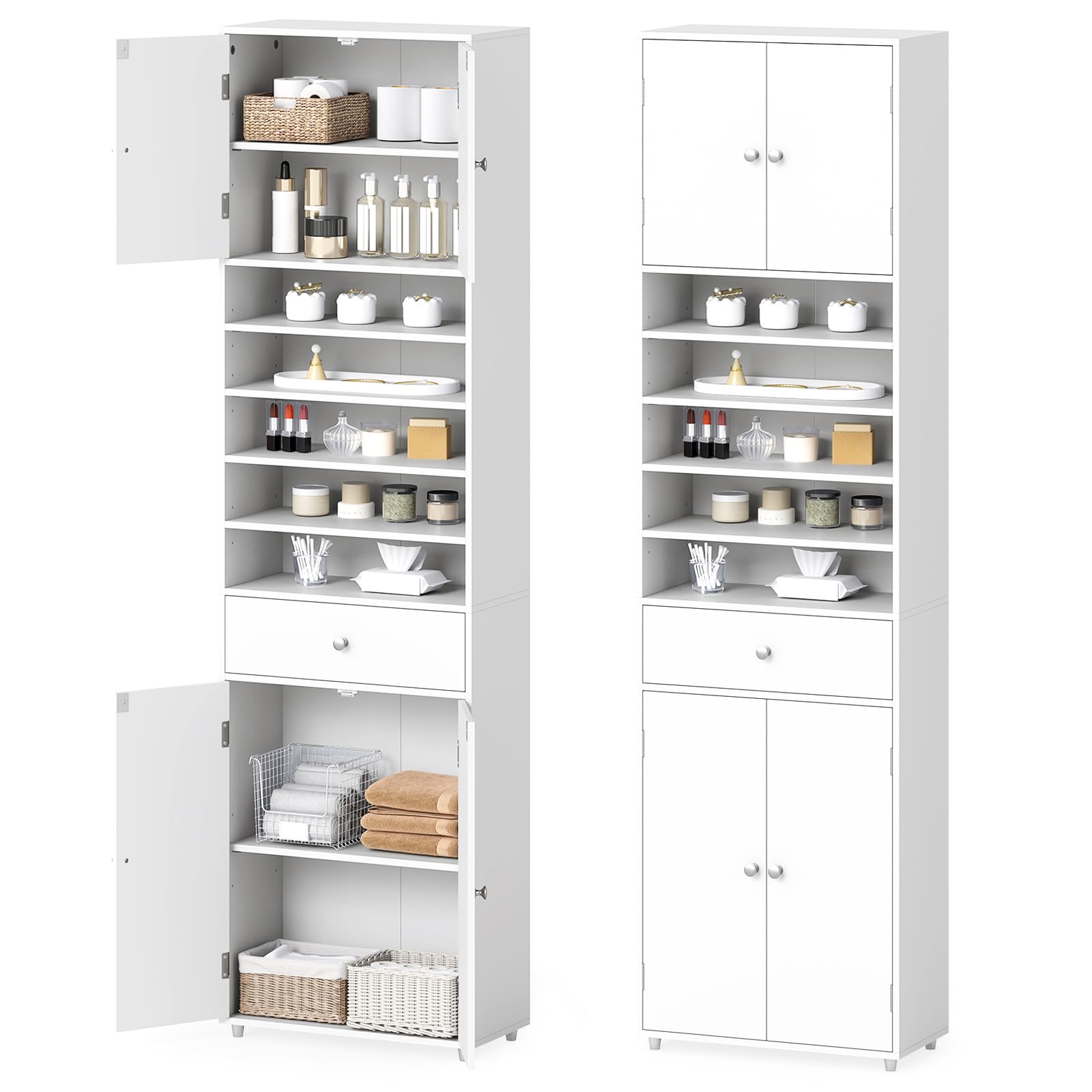 LIFEZEAL Armario de Baño Alto, Armario de Almacenamiento Compacto con 5 Compartimentos Abiertos, Cajón y Estantes Ajustables, para Baño y Sala de Estar, 50 x 24 x 180 cm