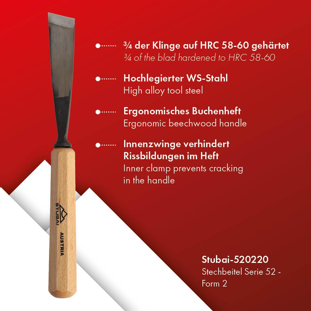 STUBAI-gerades Balleisen schräg 20mm | Serie 52 | Stich 1 | ca. 30° schräg beidseitig geschliffen | Für glatte Flächen, Vorstechen, Kerb- & Reliefarbeiten.
