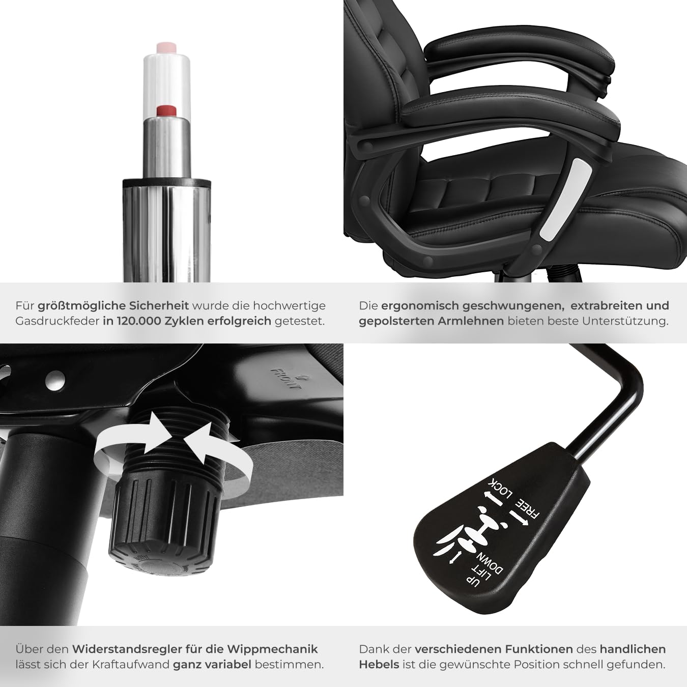 tectake® Bürostuhl, Chefsessel, Drehstuhl mit Rollen, Computerstuhl, höhenverstellbarer Schreibtischstuhl, ergonomischer Bürostuhl aus Kunstleder, Armlehnen & Wippfunktion, 12 cm Polsterung - schwarz