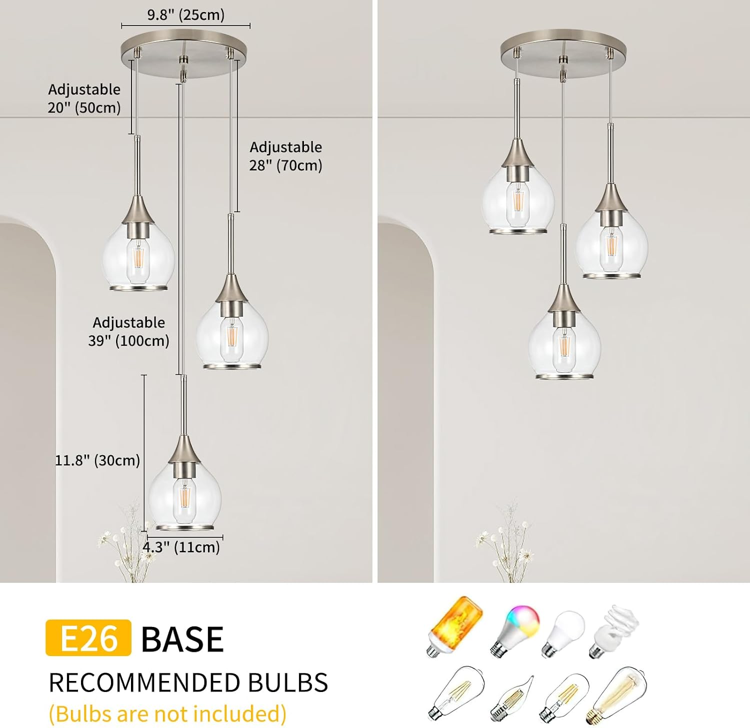 3-Light Island Light for Kitchen, Brushed Nickel Kitchen Island Hanging Pendant Light, Brushed Nickel Dining Room Light Fixture Over Table with Clear Round Glass Shade