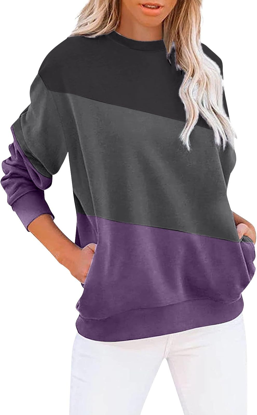 GenericWomen's Crew Neck Solid Color Sweatshirt Long Sleeves Casual Pullover Cute Lightweight Loose Tops Women Sweatshirt Oversized Zip Up Hoodie Gifts for Teachers Sale Clearance Items Under 5 Pounds