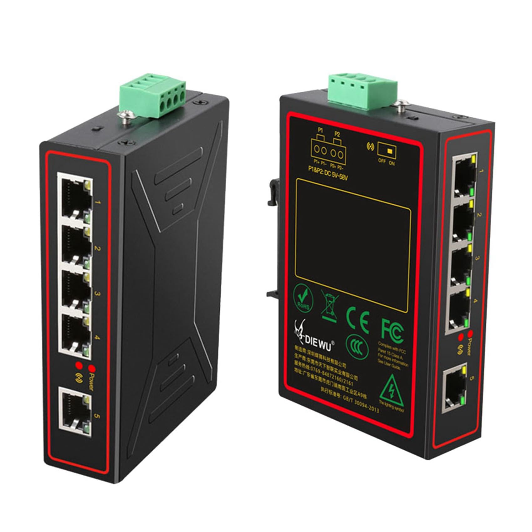 2 x 5 portów 100 m przemysłowy przełącznik sieciowy RJ45-Hub rozdzielacz internetowy RJ45 przełącznik rozszerzający z szyną DIN