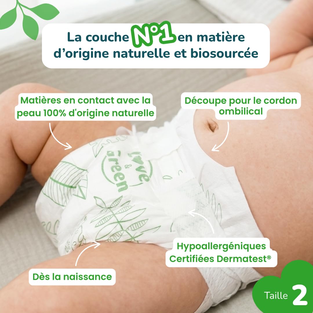 Love & Green - Hipoalergiczne pieluchy dla niemowląt 0% - Rozmiar 2 (3-6 kg) - 36 pieluch