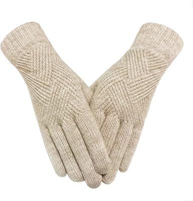 Tomily Women Winter Knit Gloves Warm Touchscreen Gloves Windproof Dual-layer Elastic Gloves with Thermal Fleece Lining (Khaki)