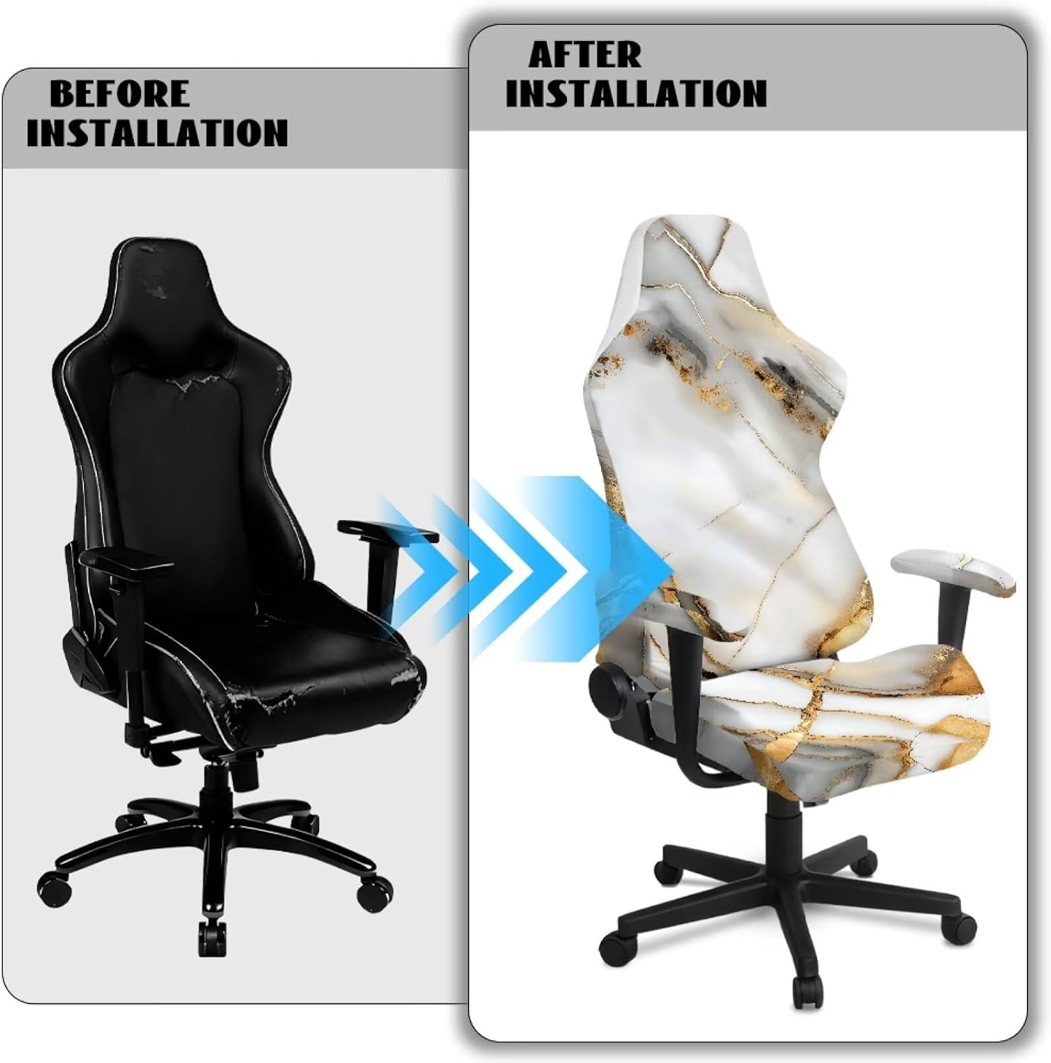 Gaming Chair Cover Protective Stain-Resistant Slipcover Stretch Printed Office Chair Seat Covers with 2 Pcs Armrest Cover, Indoor Office Home Decorations, Marble White Gold Gray
