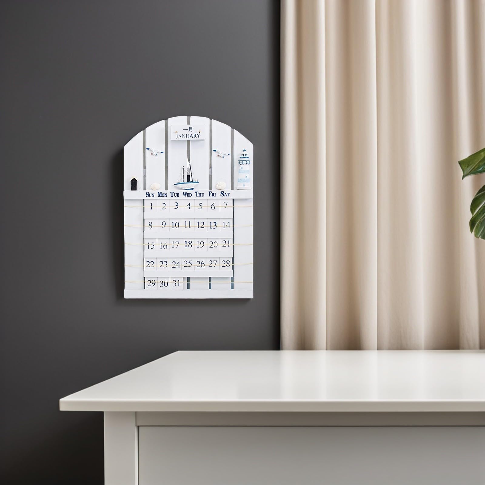 Calendario de Pared de Madera Mdf Estilo Mediterráneo Resistente y No Fácil de Deformar para Adorno de Hogar y Fiesta Verano