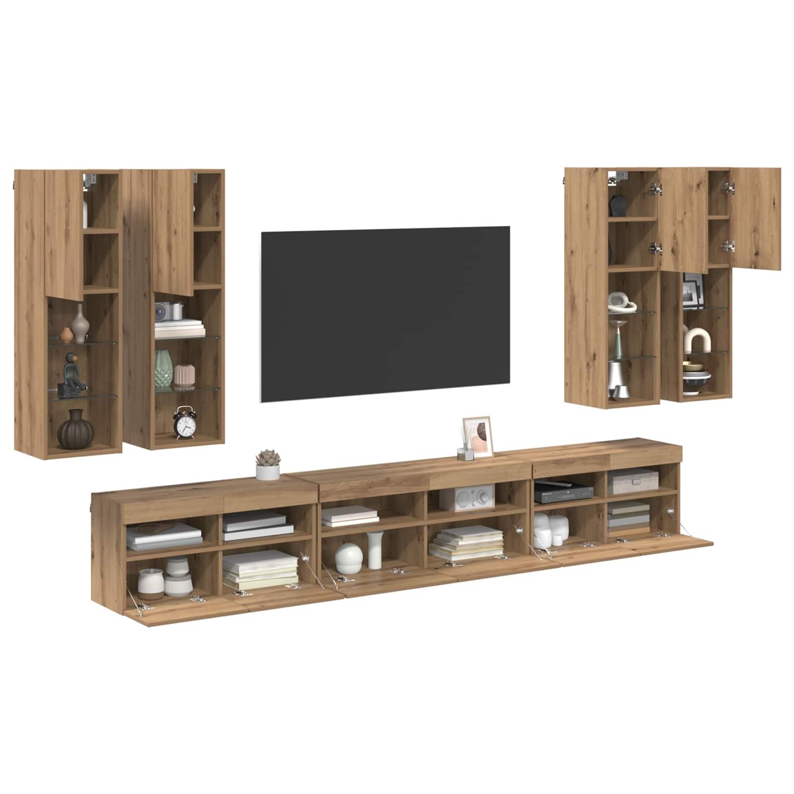 Zestaw 7 półek ściennych pod telewizor, dąb Artisan z materiału drewnopochodnego, montaż na ścianie, wiszący, szafka pod telewizor, przechowywanie multimediów, do salonu i kina domowego