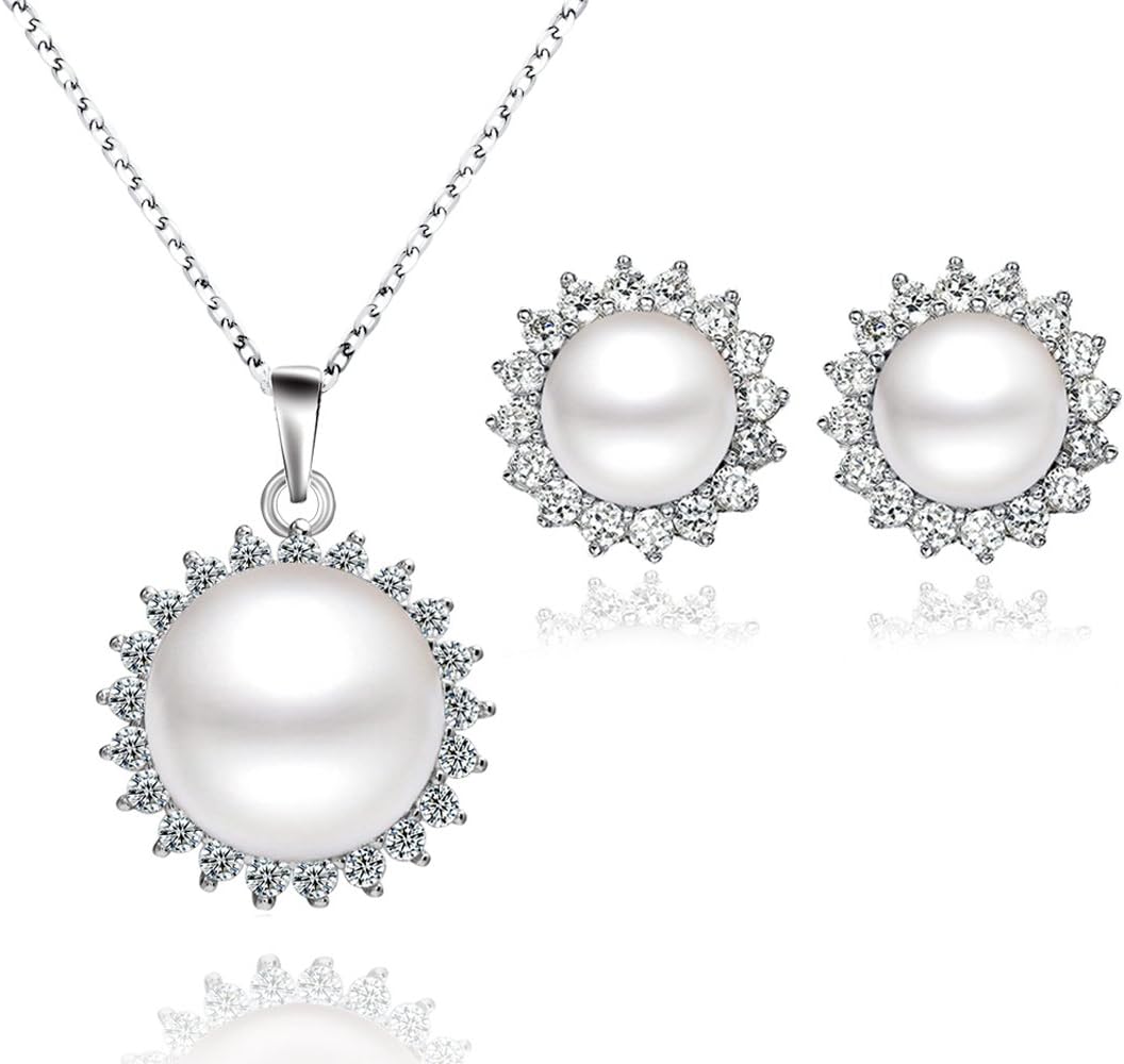 "Sunshine" Sterling Silver 8.5-9mm White Freshwater Cultured Pearl Earrings Studs AAA Zirconia Earrings Gift for Women