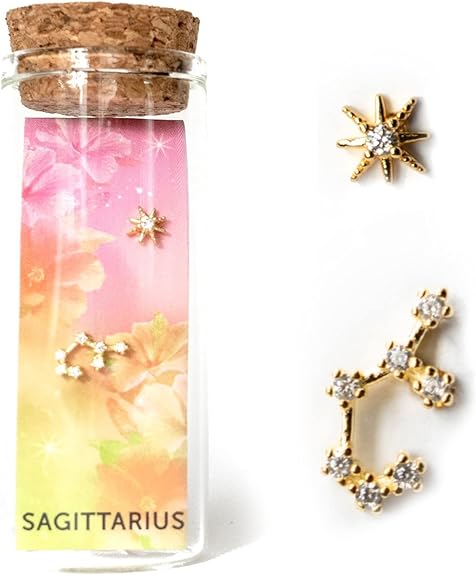 18k Gold Mismatched Stud Earring, Zodiac Star Stud Earrings Set, Birthday Astrology Gifts for Women, Teens, Birth Flower