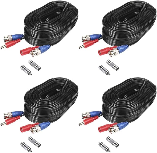 Deatti 4 Pack 30M/100 Feet 2-in-1 Video Power Cable with BNC Connectors and RCA Adapters for CCTV Camera DVR Security System(Black)