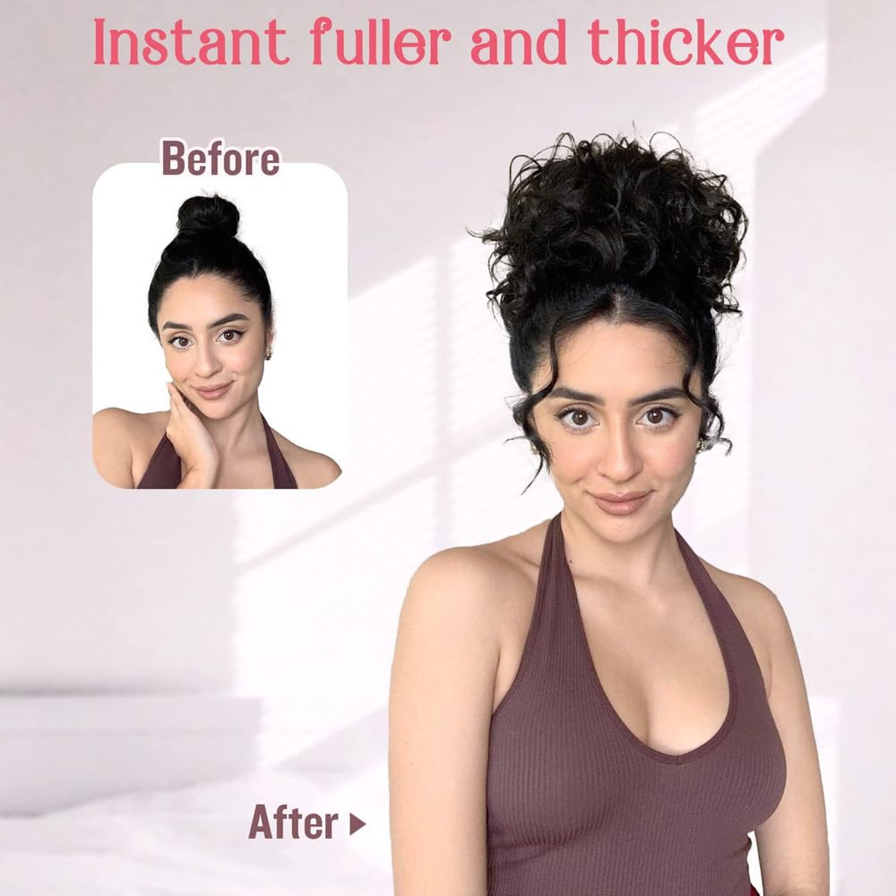 FDEETY Messy Bun Short Ponytail Hair Piece Drawstring Hair Extensions Curly Wavy Hair Puff Synthetic for Women Scrunchy Fake Hairpieces Accessories Scrunchies(Black) - Image 2