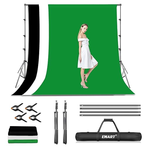 EMART Photo Video Studio Backdrop Stand Kit, 8.5x10ft Adjustable Photography Green Screen Support System with 3 Polyester Backgrounds for Photoshoot (Black White Green) - 8.5x10ft