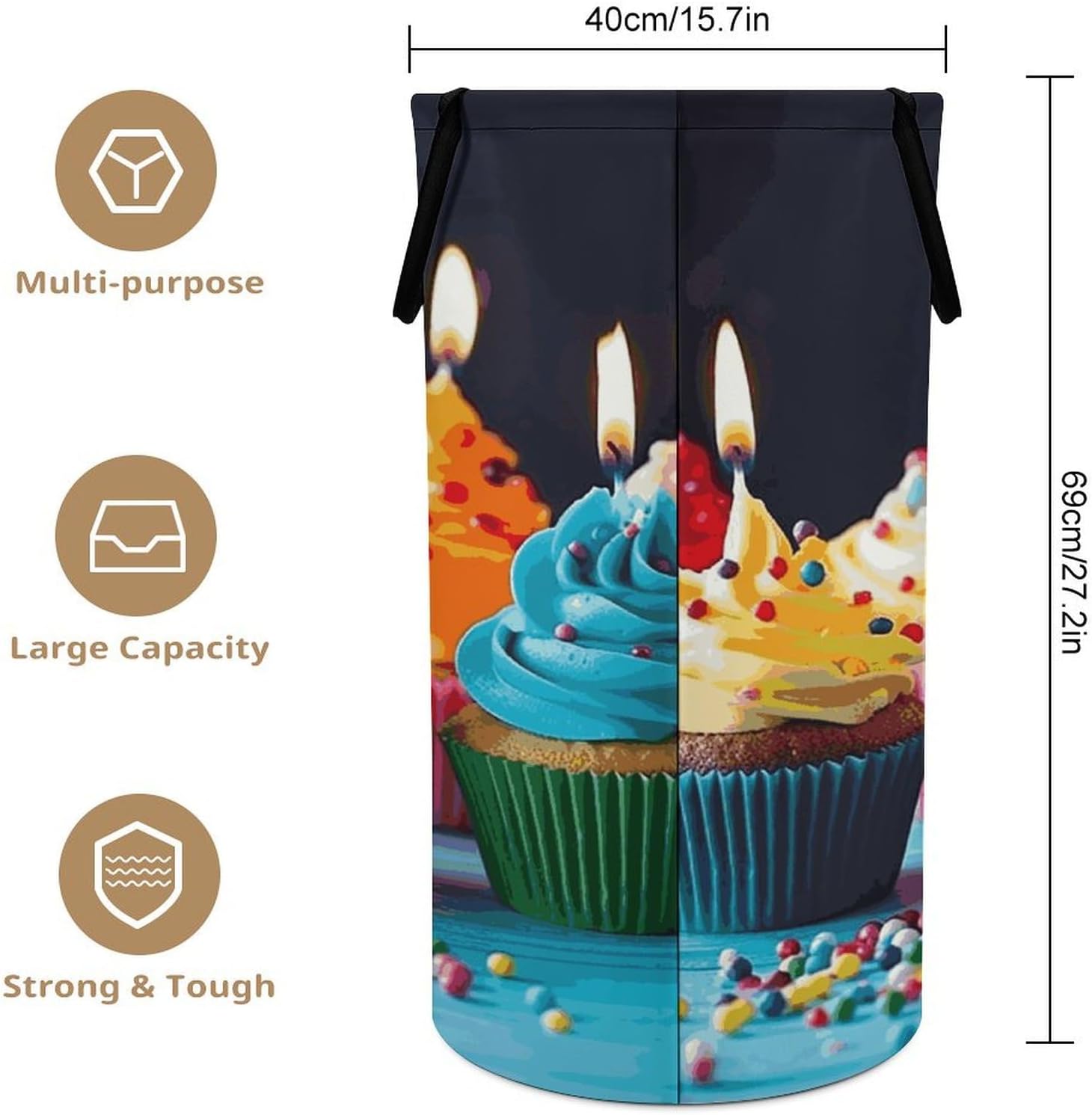 Large Laundry Basket Waterproof Collapsible Laundry Hamper with Handles Storage Bin Colorful Happy Birthday Cupcakes Toy Organizer for Household Bedroom Bathroom College Dorms image 2