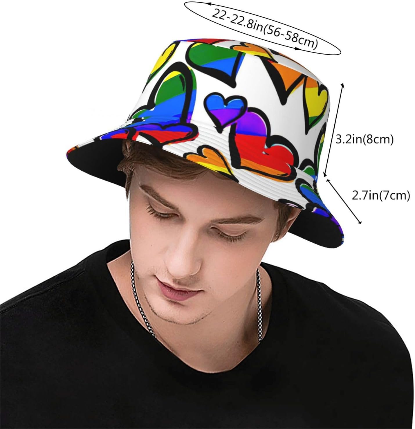 Bucket Hat Rainbow Colored Gay Pride Hearts Print Summer Sun Hat Trendy Beach Funny Fisherman Hat for Men Women Unisex
