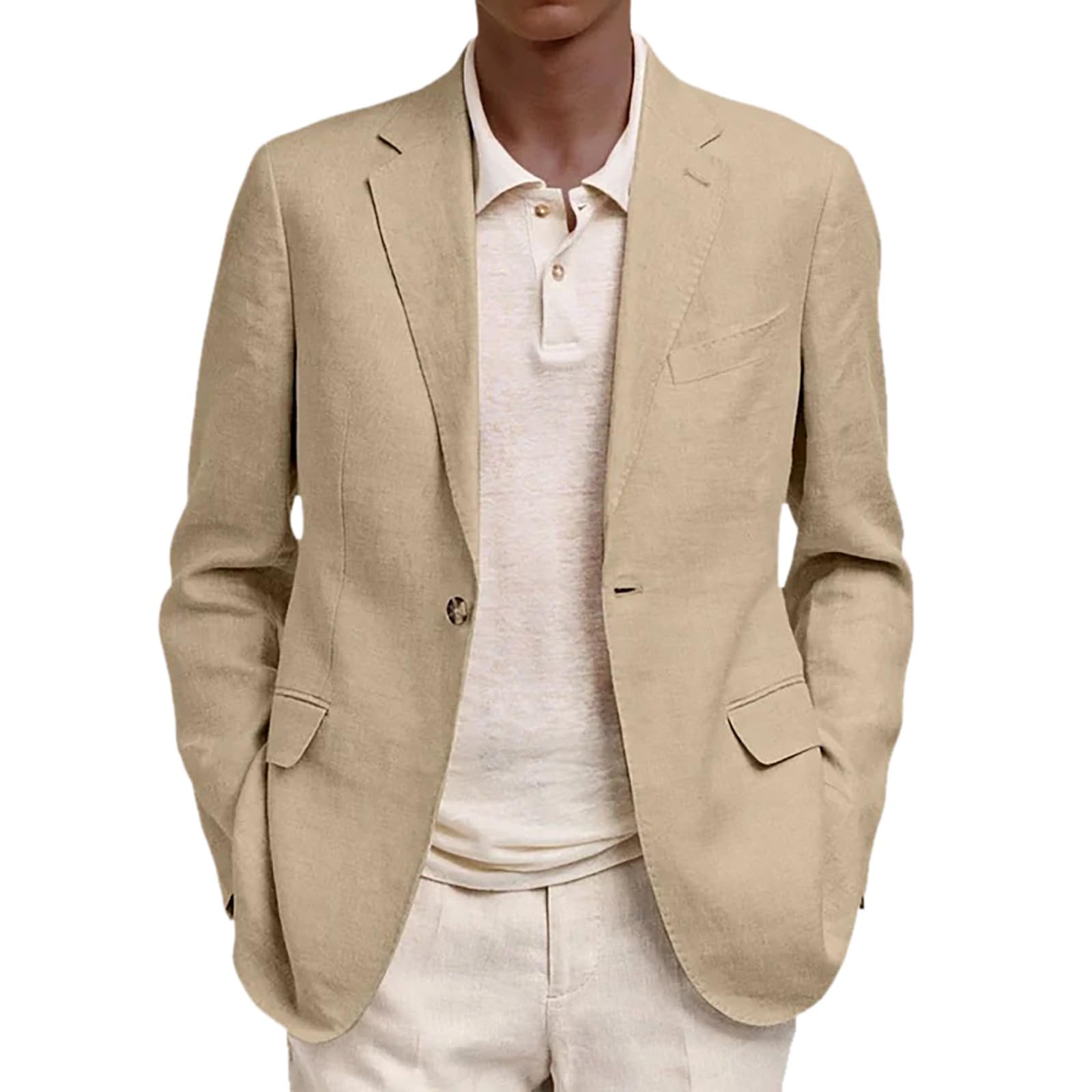 Chaqueta blazer para hombre, tela de lino de algodón, ajuste regular, cierre de dos botones, patrón de espiga, abrigo deportivo versátil para trajes