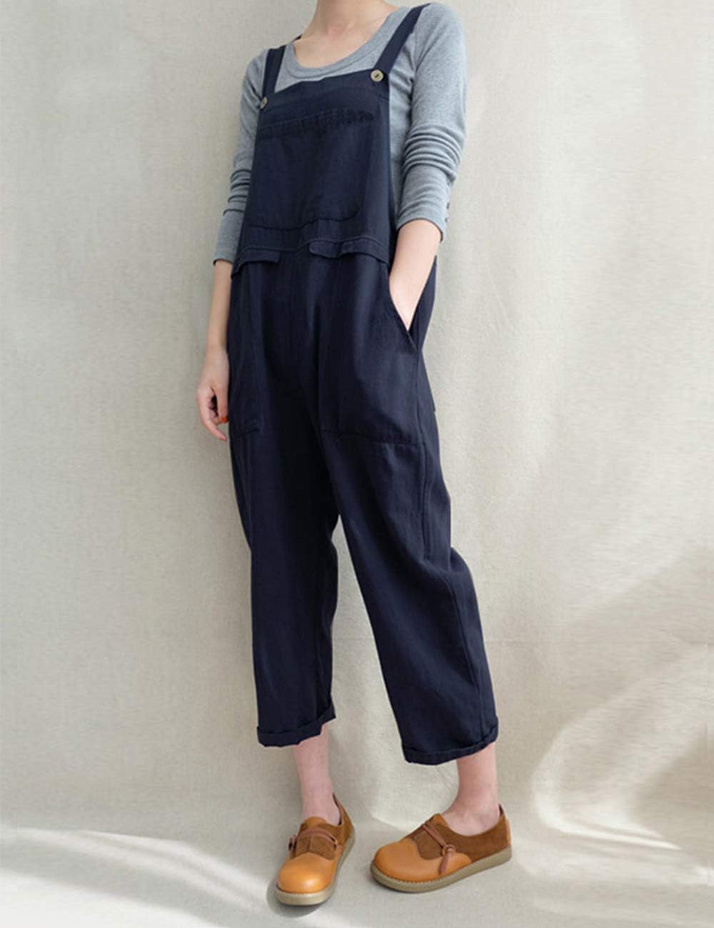 Women's Baggy Linen Overalls Jumpsuit Loose Rompers Wide Leg Casual Pants with Pockets - Image 3