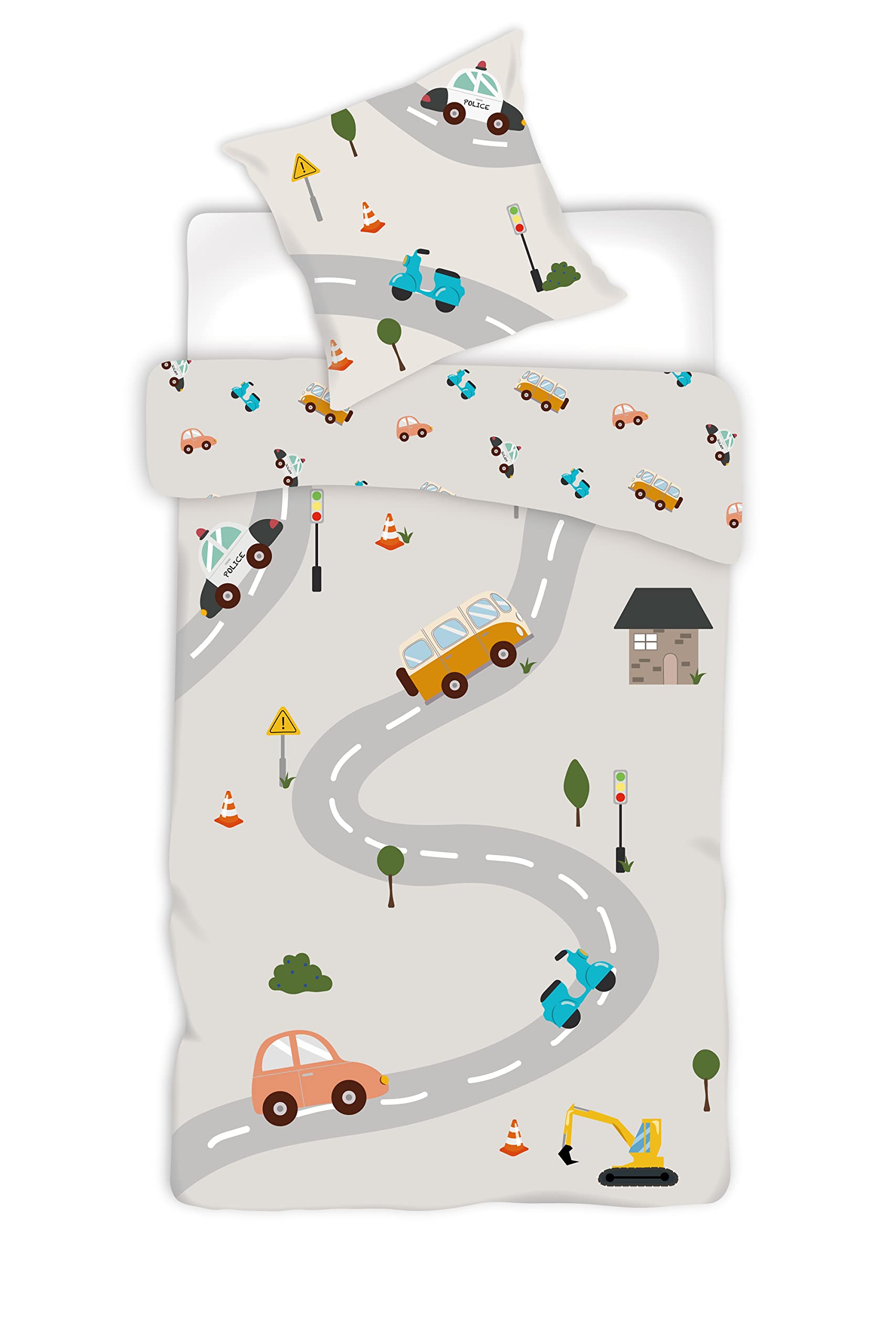 Brandmac 100% Cotton Car Bedding Set, Reversible, Duvet Cover 140 x 200 cm + Pillowcase 65 x 65 cm, Bus, Police, Crane, Vespa, etc
