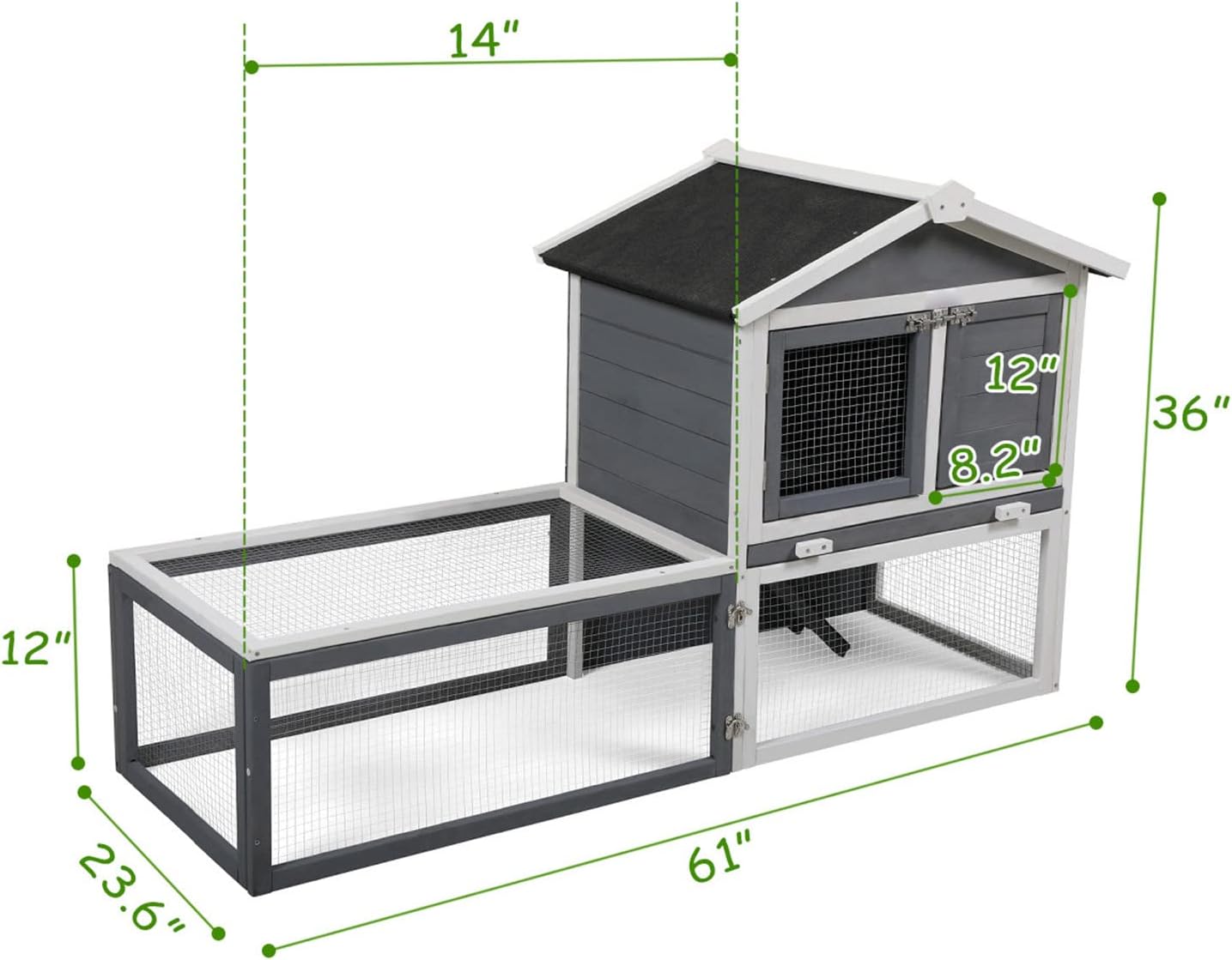 2-Tier Rabbit Hutch with Large Removable Run, Outdoor Bunny Cage for Backyard, Solid Wood Pet House, (Gray&White)