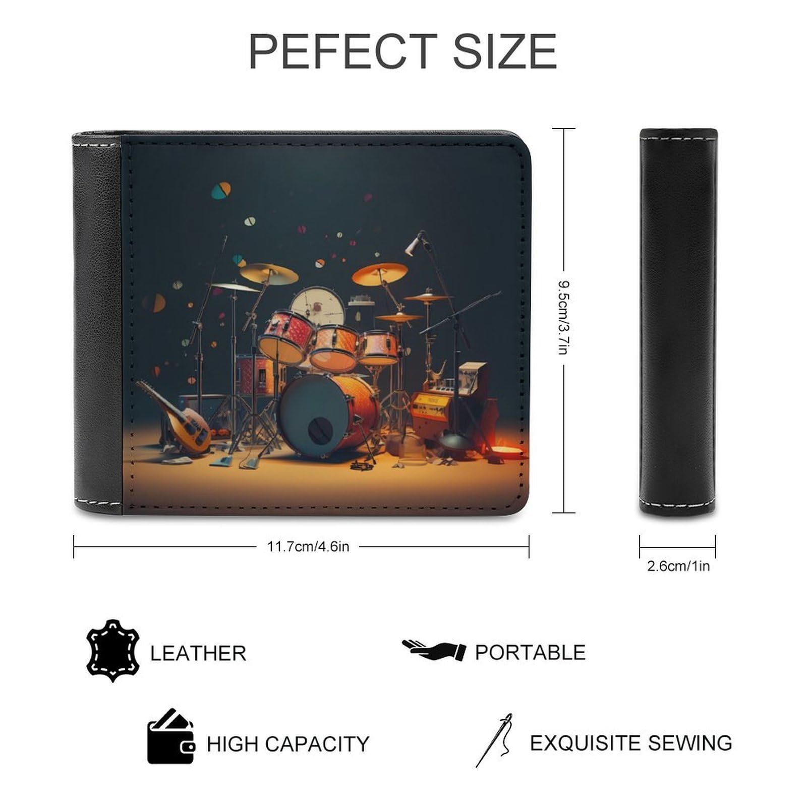 Music Drum Guitar Bifold Wallet PU Leather Coin Purse Lightweight Credit Card Holder Wallet Money Clip