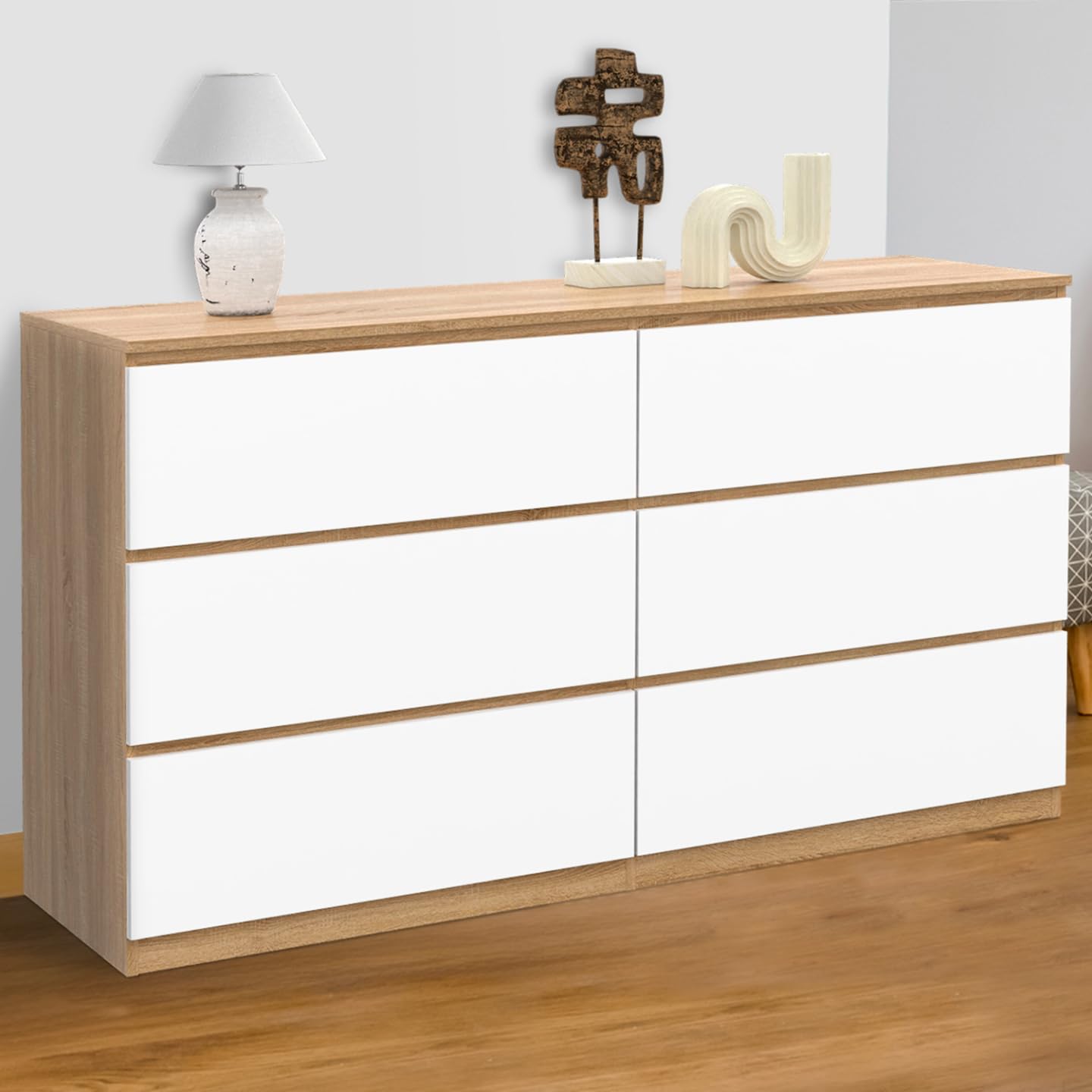 IDMarket - Commode 6 tiroirs TOMI XXL 140 cm Bois façon hêtre et Blanc