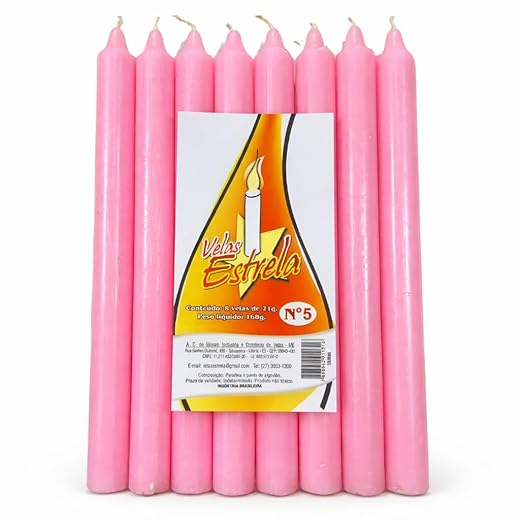 Kit Com 8 Velas Cor ROSA, Com 16 Cm De Altura, Maciça, Marca Velas Estrela, Parafina 100% Pura, Qualidade Premium.