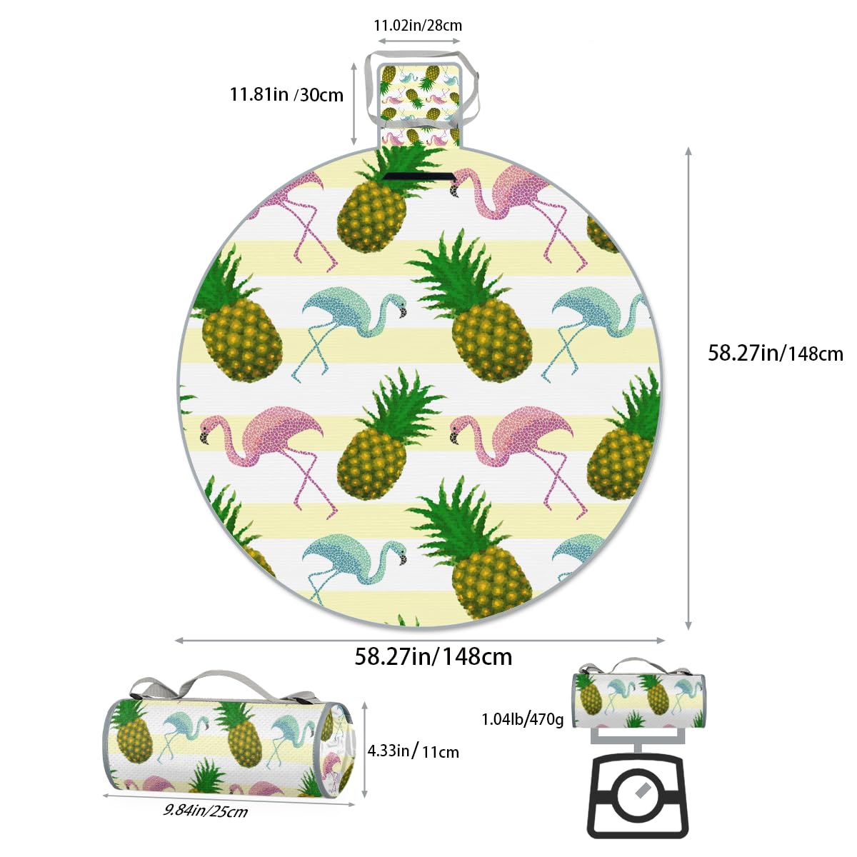 Shimoshe Pineapple Flamingo Picnic Outdoor Blanket Foldable Waterproof Sandproof Beach Blanket Portable Water-Resistant Round Picnic Mat for Travel Camping Park Lawn