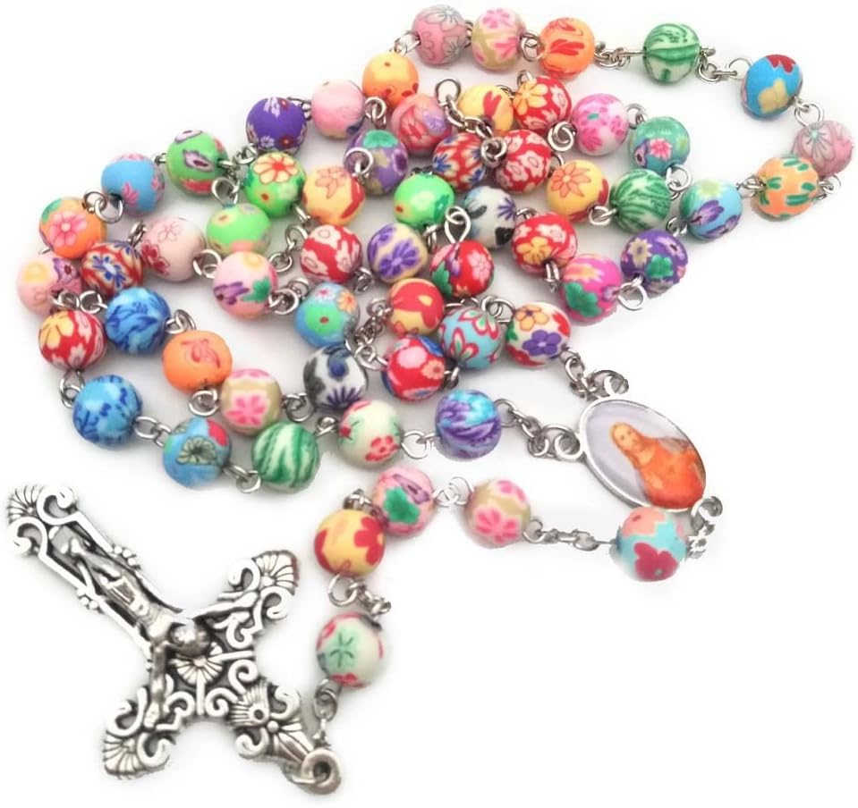 59pcs Catholicism Rosary Necklace Polymer Clay Beads Cross Necklace Religious Jewelry