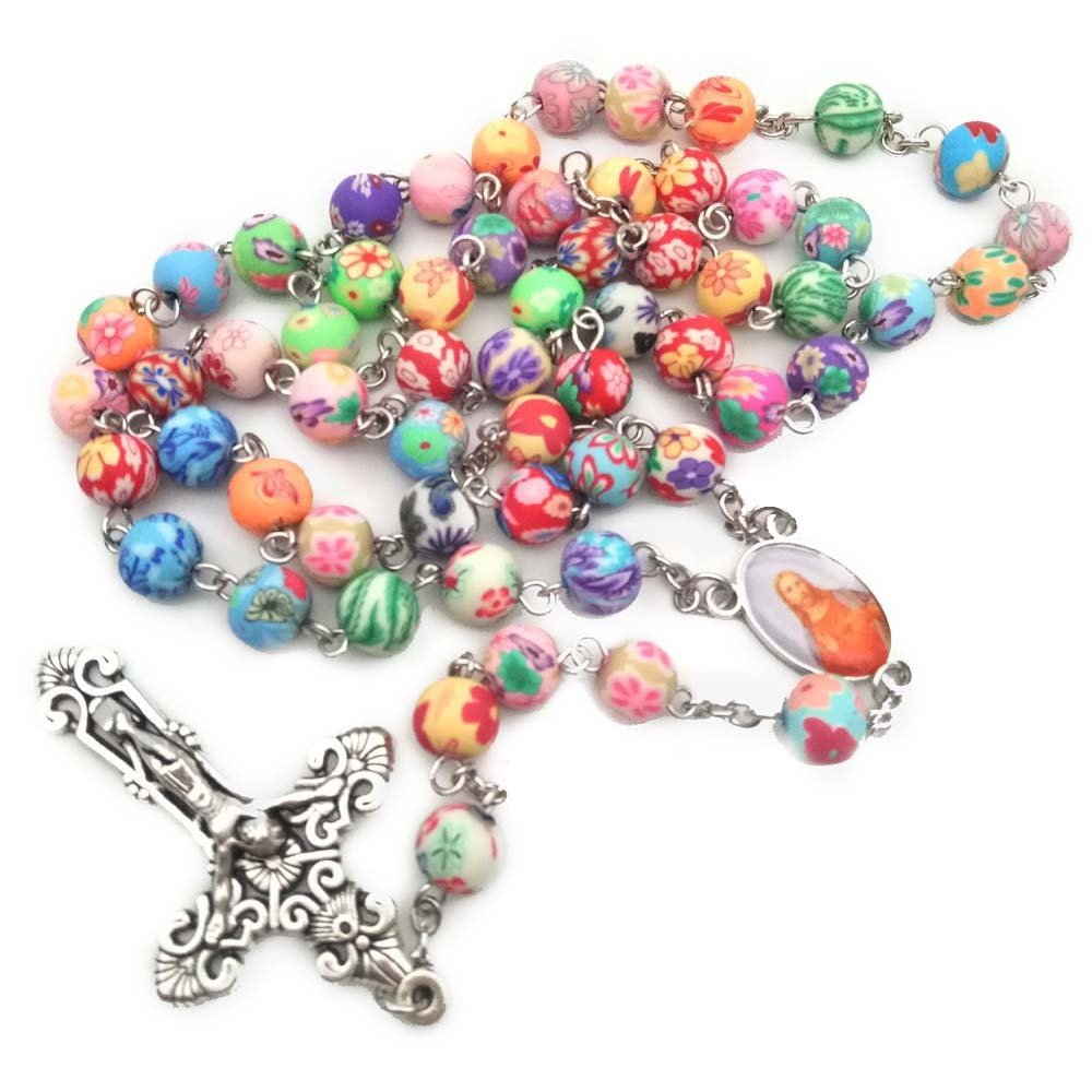 59pcs Catholicism Rosary Necklace Polymer Clay Beads Cross Necklace Religious Jewelry