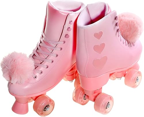 Miniatura 5 de Patines de ruedas para mujer, patines de piel sintética de alta calidad, cuatro ruedas rosadas brillantes de doble fila, patines cuádruples para