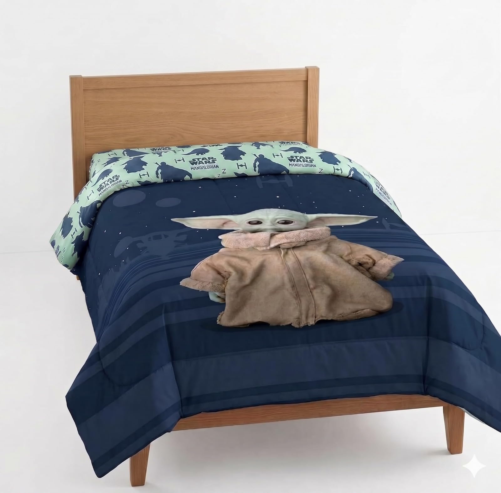 The Mandalorian Grogu Kids Reversible Comforter, Twin/Full Size Bedding, Blue Baby Yoda Design, Soft Microfiber, 72 x 86 Inches