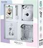 Instax mini 12 White Camera 10-Piece Film Glitter Plexiglass Case PVC Album and Clamp Picture Stand Bundle Box