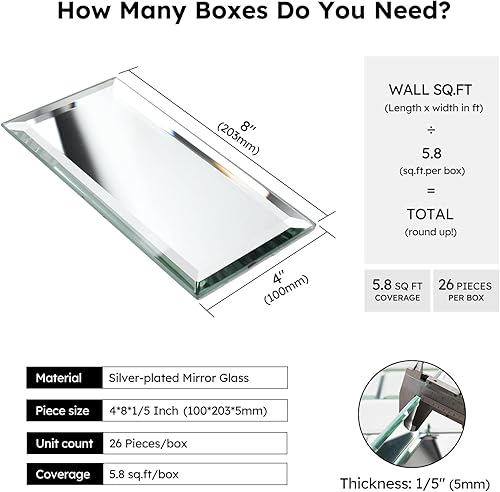 Miniatura 3 de Diflart Espejo biselado para despegar y pegar, azulejos de metro plateados de 4 x 8 pulgadas, autoadhesivo, para cocina, baño, TV, azulejos de