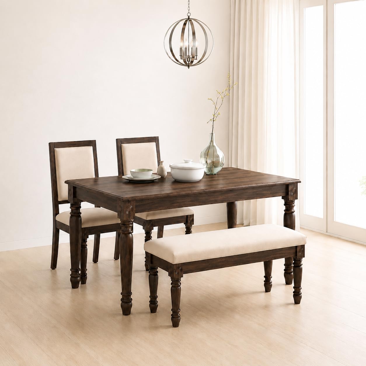 Solid Sheesham Wood 4 Seater Dining Table Set with 2 Cushioned Chairs & Bench | Modern Wooden Dining Furniture for Home, Kitchen & Dining Room | Wallnut Finish-image-44