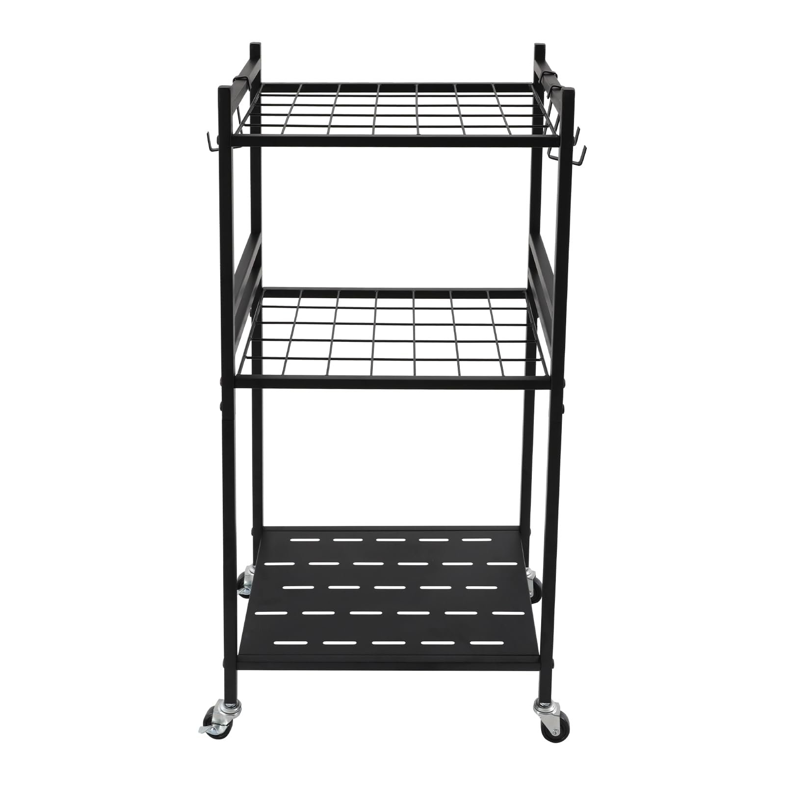Organizer per attrezzi da giardino, in metallo, colore nero, con ruote universali e ganci mobili, per giardinaggio, manutenzione del giardino, pulizia