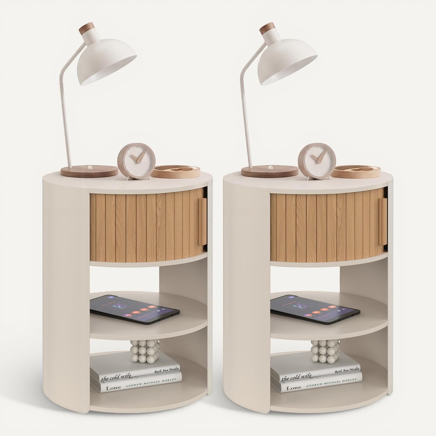 IDMarket - 2 chevets Ronds TONO 1 tiroir Beige et Effet Lattes