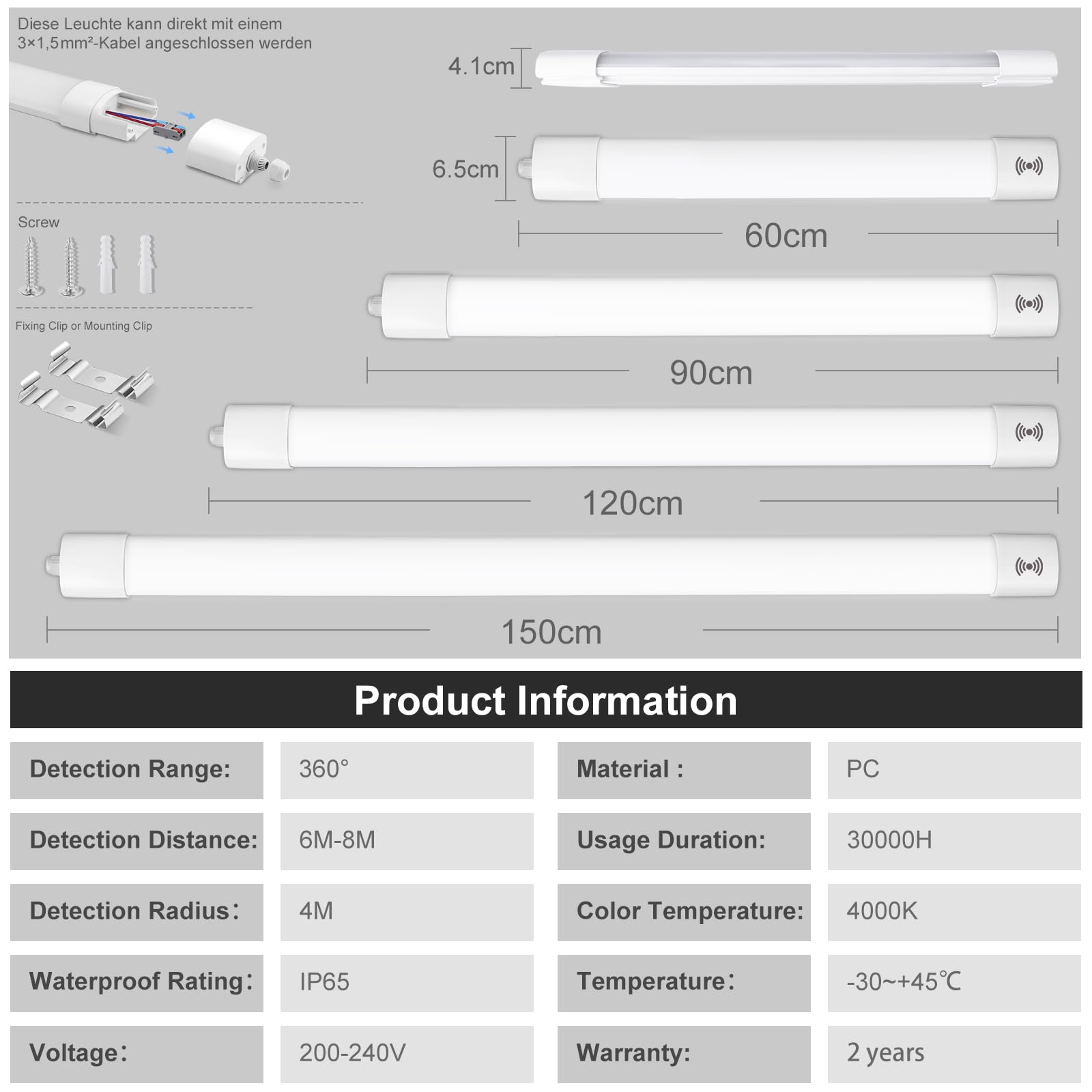 Neon LED 60CM, Tube LED 20W 2200LM, Plafonnier avec Détecteur de Mouvement, IP65 Imperméable pour Atelier, Sous-sol, Bureau, Grange, Magasin