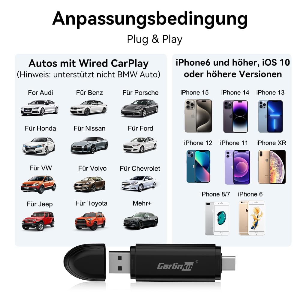 Carlinkit MINI5 Wireless CarPlay Adapter, verwandelt das Originale kabelgebundene CarPlay Ihres Autos in EIN kabelloses System, kompakter und einfacher zu verstauen