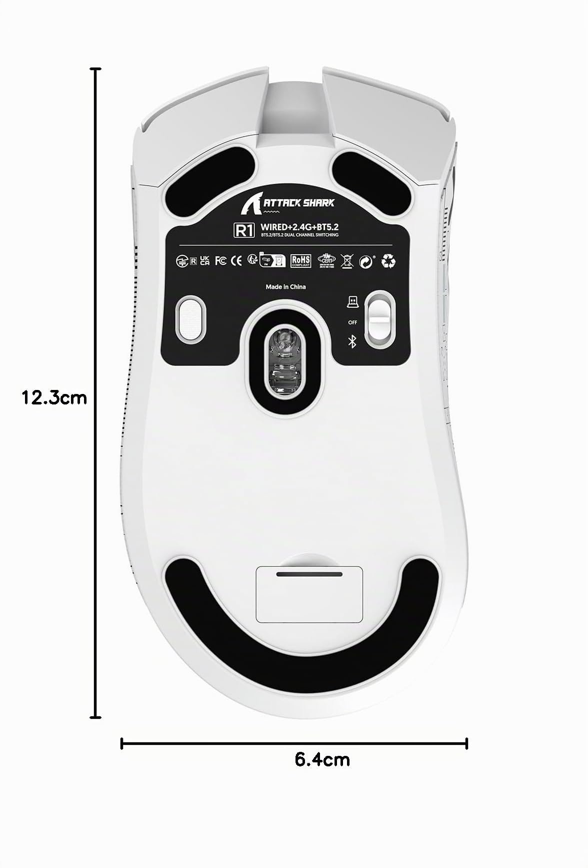 ATTACK SHARK Mouse R1 59g SUPERLIGHT con nastro adesivo, sensore da gioco PixArt PAW3311, mouse da gioco wireless/cablato BT/2.4G, 6 DPI regolabili fino a 18000, batteria da 65 ore (Bianco)