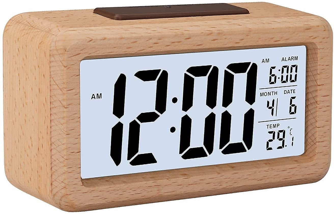 JJJ WTL Budzik duży wyświetlacz LED, budzik z motywem słojów drewna, inteligentny czujnik lampka nocna, drzemka i temperatura, zasilanie bateryjne, prostopadłościan budzik do sypialni (kolor: Beżowy)