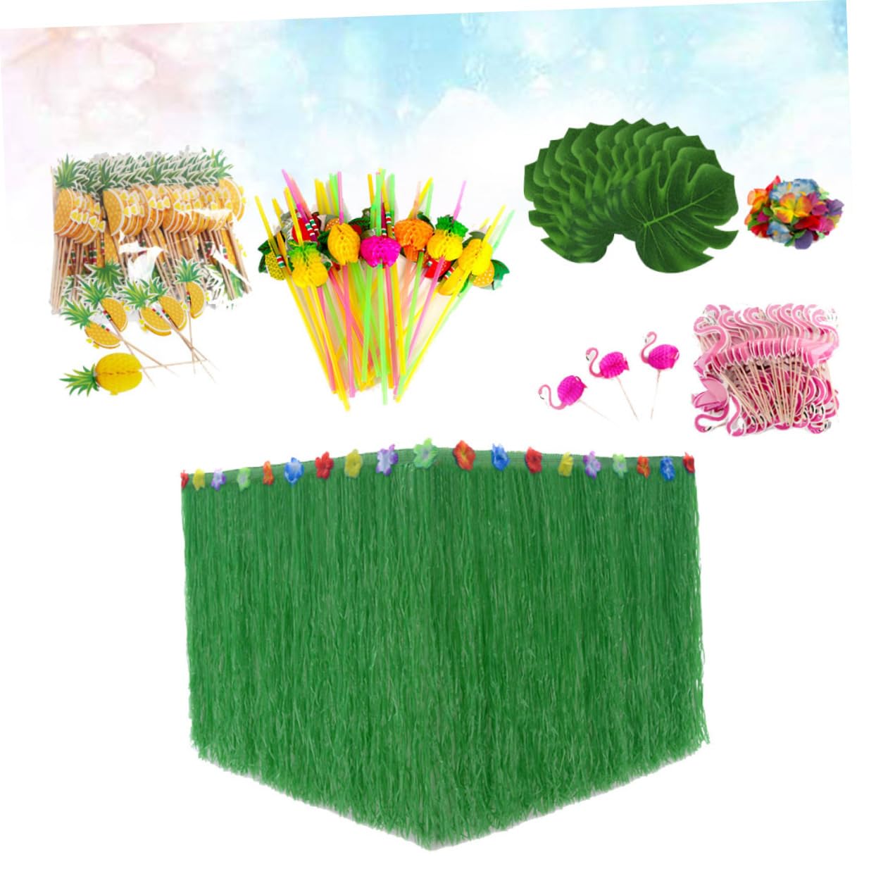 RORPOIR Birthday Party Decorations 147pcs Plastic Table Skirt Set with Pineapple Flamingo Monstera Hibiscus Straw Toppers
