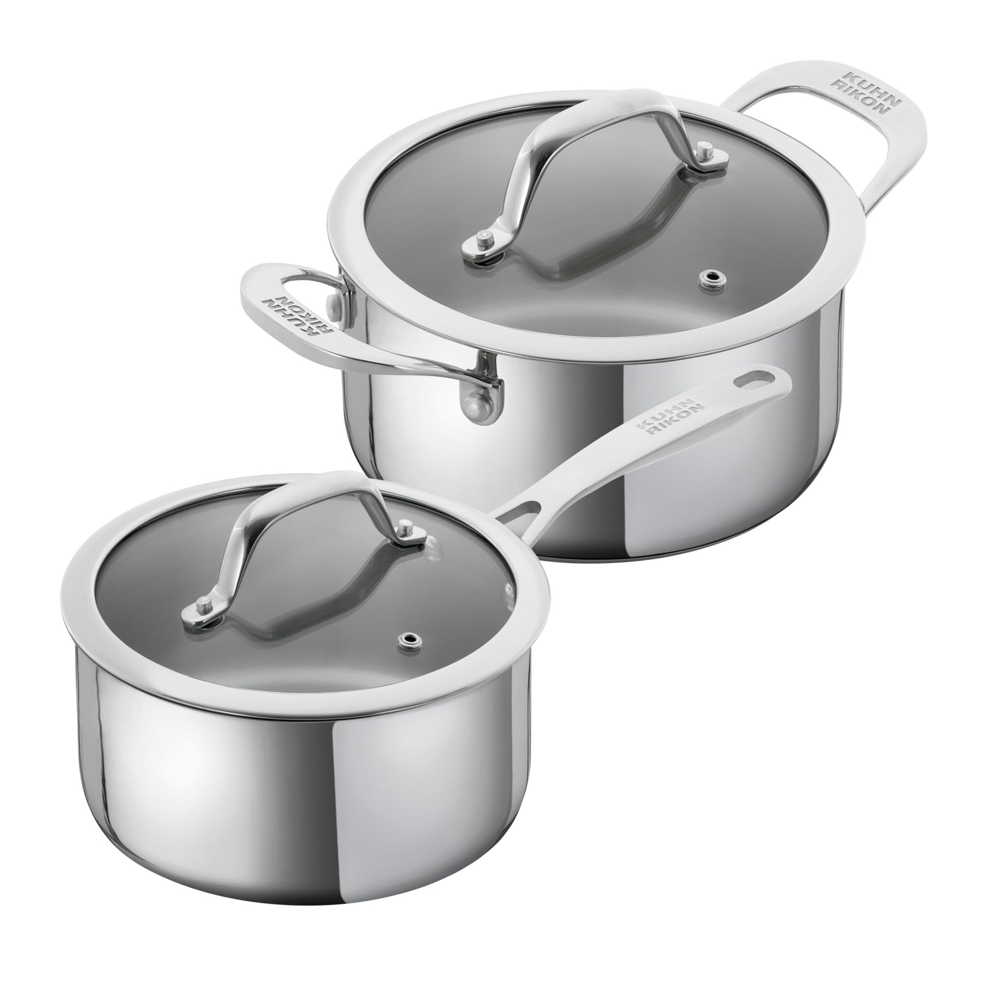 Kuhn Rikon 2-Piece Mixed Cookware Set - 1.5L/16cm Saucepan & 2.3L/18cm Casserole. Stainless Steel Uncoated Pans with Stay-Cool Handles. Oven & Dishwasher Safe Induction Pans - Allround