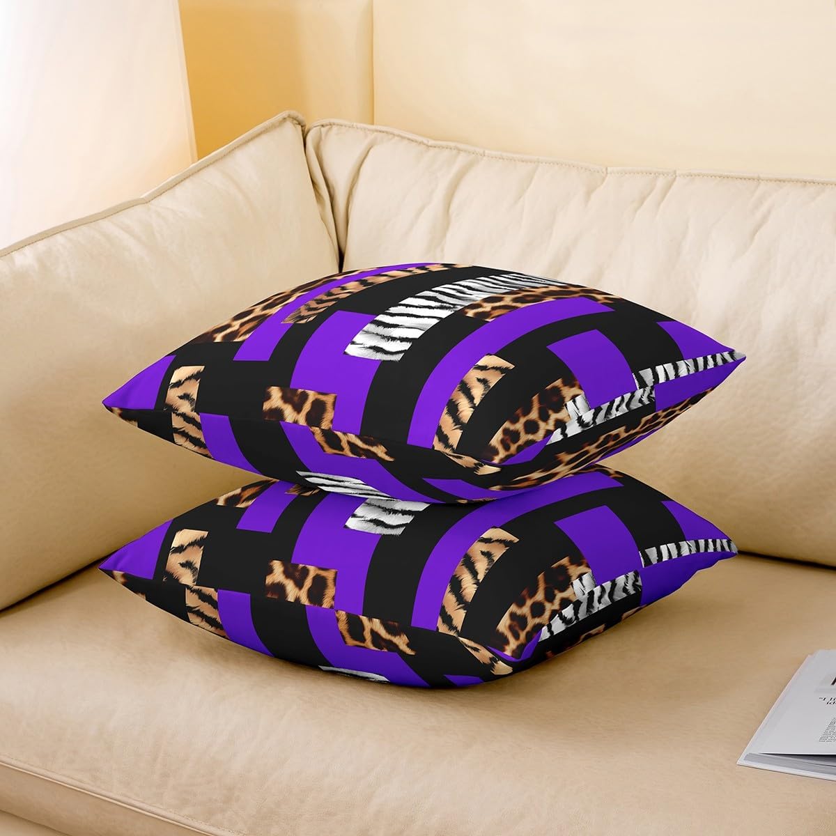 Feelyou Leopard Reversible Throw Pillow Covers for Kids Boys Girls Cheetah Purple Black Pillow Covers Home Decor 22 x 22-Inch Animal Fur Print Square Cushion Covers Set of 2 Decor Safari Zebra